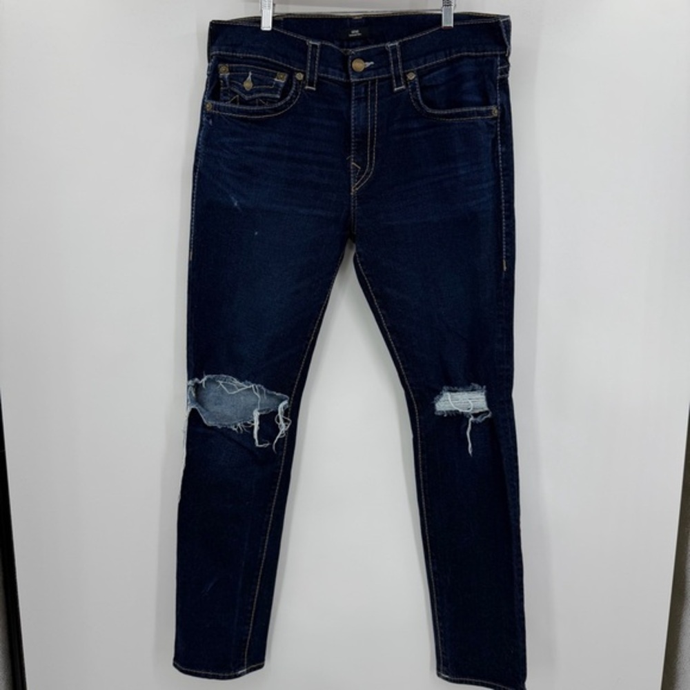 True Religion Geno Relaxed Slim Men 36 Indigo Good Distressed Ripped Denim Jeans